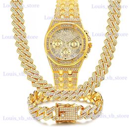 Other Watches 3PCS for Men Luxury Wist Necklace Bracelet Jewellery Set Bling Gold Silver Diamond Cuban Chain Clock Relogio Masculino T240329