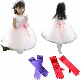 new Lg Princ Dance Stage Gloves Bow Satin Kids Girl Wedding Dr Costume Accories Children Dr-up Full Finger Mittens E7Me#