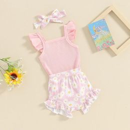 Clothing Sets Baby Girl Summer Clothes Ribbed Knit Flying Sleeve Romper Floral Print Shorts Headband 3Pcs Born Outfits