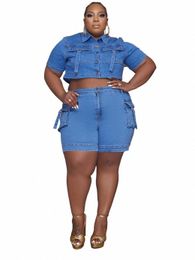 cm.yaya Fi Plus Size Denim Women's Set Short Sleeve Jacket and Cargo Jean Shorts 2023 Chic Two 2 Piece Set Outfit Tracksuit A3tA#