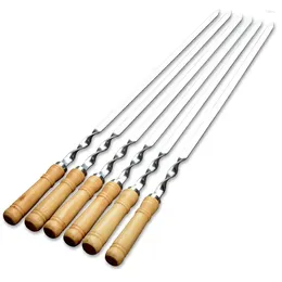 Tools 6pcs Wood BBQ Fork Stainless Steel Outdoors Grill Needle 55cm Barbecue Stick Long Handle Skewers