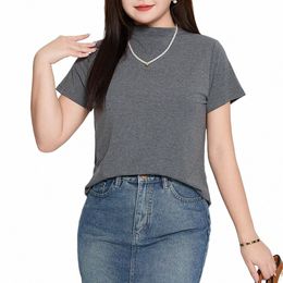 commuter Office Lady Slim Short Sleeve Small Tops Plus Size Women American Vintage Stand Collar Good Quality T-shirt V79n#