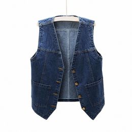 denim Sleevel Vest Womens Butt Down Jean Jacket V Neck Casual New Fi Sleevel Vest Coats Female Pockets Jacket T3kF#