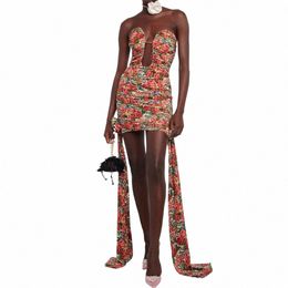 2024 Spring & Summer New Women's Dr Y2K Floral Printed Stereoscopic Fr Flutter Decorati Pleated Slim Sheath Dres J0uq#