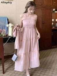 Casual Dresses Maxi Women Sweet Solid Ruffles Gentle A-line Princess Summer Square Sleeve Fairycore All-match Girlish Fashion