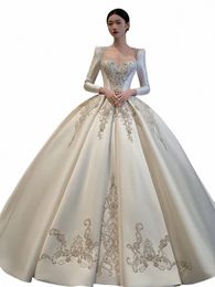 satin Wedding Dr 2024 New Spring Bride Ball Gown Heavy Industry Lusury Beading Lg Sleeve Plus Size Vintage Court Style A4cj#