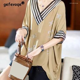 Women's Blouses Summer Korean Fashion V-neck Short Sleeve Rhinestone Oversized Shirts Casual Striped Patchwork Tunic Ladies Tops Blusas