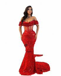 sparkly Red Sequin Mermaid Prom Dres Off Shoulder Dubai Women Evening Party Gowns Lg Glitter Charming Vestidos De Fiesta u1nH#