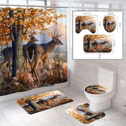 Shower Curtains Waterproof Polyester Fabric Curtain With Hook Bath Mat Floor Elk Animal Pattern Toilet Seat Set