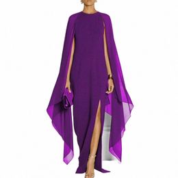 women Gown Dr Slit Shawl Design Dr Elegant O-neck Chiff Maxi Dr with Irregular Split Layer Shawl Design Side Split a3Ds#