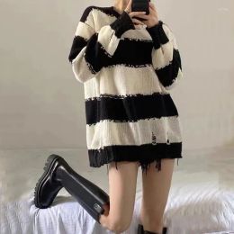 Kadın Sweaters Siyah ve Beyaz Çizgili Süvari Sonbahar 2023 Kore Serisi Boşta Stil Gevşek Giyim Bahar Uzun Kollu Damla Teslimat OTV7U