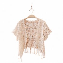 womens Summer Short Sleeve Tassels Lace Cardigan Floral Crochet Beach Cover Up Shrugs Open Frt Crop Jackets N7YD t4lP#