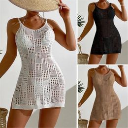 Women Crocheted Beach Dress Bathing Suit Cover Up Fashion Spaghettis Strap Hollows Out Swimsuit