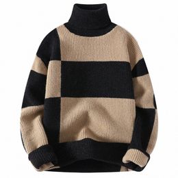 new Turtleneck Sweater Casual Men's Rollneck Knitted Sweater Keep Warm Lg Sleeve Sweatshirt High Neck Patchwork Design 93uQ#