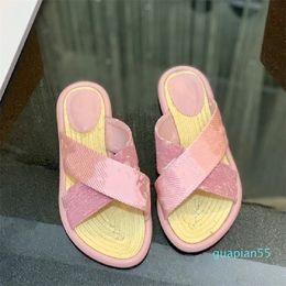 Designer Women Sandals Cross Belt Flat Slipper Fashion Embossed Summer Low Heel Slippers Slides Flip Flops Sandals Size 34-41