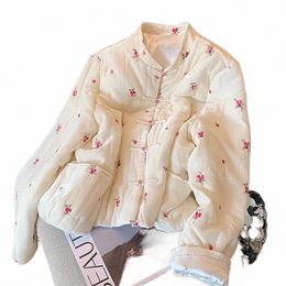 apricot Floral Fr Kawaii Stand Collar Vintage Bumber Jackets for Women Winter Padded Cott Parkas Coat Korean Sweet Girls l7q7#