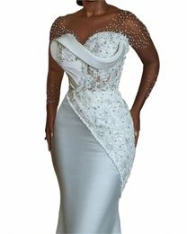 white Pearls Beaded Luxury Mermaid African Wedding Dr Mesh Lg Sleeves Aso Ebi Engagement Gowns Corset Fish Bes vestidos l9P9#