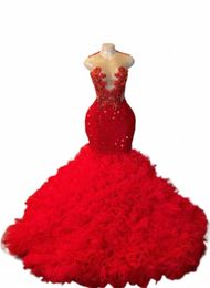 designer Red Beaded Crystal Tulle Ruched Train Prom Dres For Black Girls Mermaid Ladies Dr Special Ocns Wedding f2Zj#