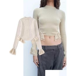 Womens Sweaters Women Knitted Sweater Fashion Hollow Out Patchwork Long Sleeve O-Neck Plover Female Crop Top Y2K Drop Delivery Apparel Otduh