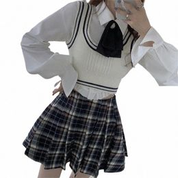 autumn Preppy Style Uniform 4-piece Set Girls Korean Knitted Vest White Shirt Ribb Bow High Waist Plaid Skirt JK Uniform Suit F1uu#