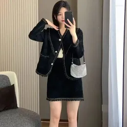 Two Piece Dress Luxury Small Suit Set For Women Autumn Winter Season Loose Pearl Ruffled Ladylike Half-length Skirt Two-piece Stylish