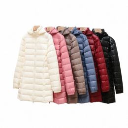 2023 Women Autumn Winter Ultralight Thin Packable Down Lg Jacket Female Hat Detachable Slim Fit Skirt Coat Portable Outwear u9AC#