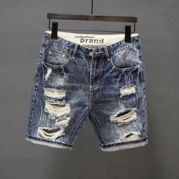 Mens Ripped Denim Shorts Fashionable Summer Slim Pants with Distressed Design Holes Korean Style Short Jeans Male 240315