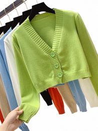 knitted Crop Cardigan Women Korean Short Sweater Lg sleeve V neck Green Blue r3ZM#