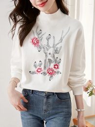 Women's Hoodies Korean Fashion Embroidered Turtleneck Sweatshirts Sequins Long Sleeve Autumn Winter Loose Casual Oversize White Pullovers