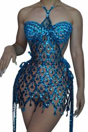 blue Mesh tube top evening dr singer Drag Queen Club Party Birthday Special Ocassi Sexy rave 2480#