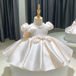 Champagne Satin Girl Party Dress Beading Kids Elegant Dresses For Girls Princess Clothes Luxury Birthday Gown Baby Vestidos 1-8Y 240319