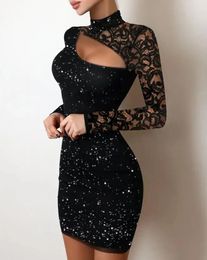 Evening Dresses for Women Elegant Sexy Party Wedding Guest Glitter Contrast Lace Cutout Long Sleeve Bodycon Mini Dress 240328