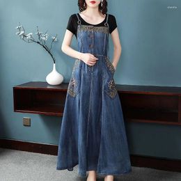 Casual Dresses Denim Strap Dress Women 2024 Spring Summer Retro Embroidery Long Jeans Fashion Adjustable Suspenders Vestidos