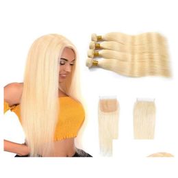 Human Hair Wefts With Closure Peruvian 613 Blonde Straight Remy 5 Pieces One Set Bundles 4X4 Lace Silky Hair1243719 Drop Delivery Prod Otymd
