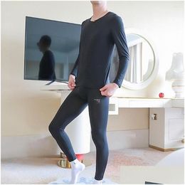 Mens Thermal Underwear Ice Silk Stretch Men Set Quick Dry Long Johns Pants Warm Top Bottom U Convex Pouch Trousers O Neck Tops Drop De Dhcow