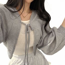 rimocy 2023 Thin White Cardigan Women Summer Sunscreen Lace-Up Knitwear Top Female Korean Style Lantern Sleeve Short Coat Woman l59M#