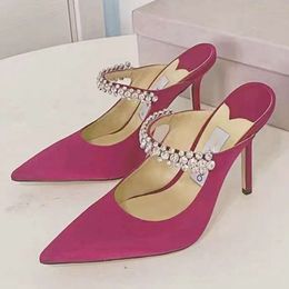 Pink Pointed High Heel Slippers Fine Heel Crystal Diamond Nightclub Fashion Versatile Half Trailer One Step Padded Baotou