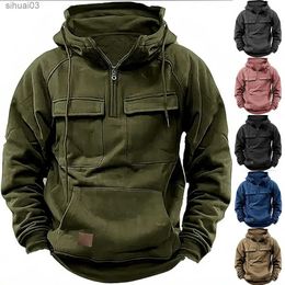 Men's Hoodies Sweatshirts Half zip mens tactical hoodie solid warm wool military sports shirt with multiple pockets mens hoodie thick outdoor poleL2403