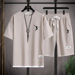 Summer Mens Tracksuit Linen Fabric T-shirt and Shorts Two Piece Set Men Sports Suit Fashion Breathable Sets 240325