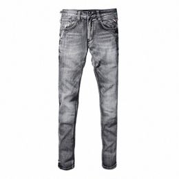 fi Vintage Men Jeans High Quality Retro Dark Grey Stretch Slim Fit Ripped Jeans Men Casual Designer Denim Pants Hombre B6je#