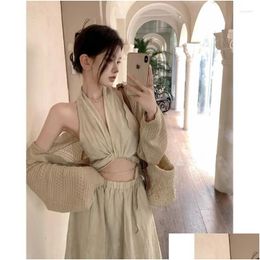 Work Dresses Girl Casual Suit Womens Summer Knitted Short Coat Halter Neck Slim Top Long Skirt Three-Piece Set Fashion Female Clothes Otkzy