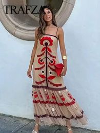 Casual Dresses TRAFZA Woman Chic Vintage Print Spliced Maxi Dress Sexy Off Shoulder Backless Sleeveless Loose Vestidos Mujer