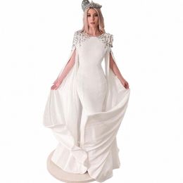 shar Said Elegant White Mermaid Dubai Evening Dr for Women Wedding Party Cape Sleeves Muslim Lg Formal Dres SS200 X7mw#