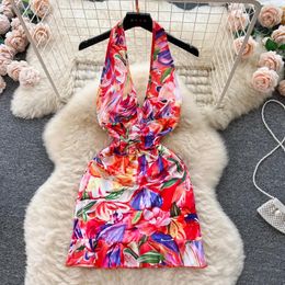 Casual Dresses Sexy Halter V Neck Sleeveless Printed Mini Bodycon Dress Summer Fashion Women Slim High Waist Backless Club Party Vestidos