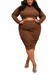 lw Plus Size Round Neck Crop Top Rib Knit Skirt Set Slim Fit Plain 2pcs Matching Dres Set Crew Neck Bare Waist Top & Skirt 55mJ#