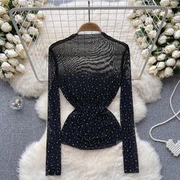 Women's T Shirts Tulle Light Luxury Sexy Long-sleeved Top 2024 Spring Summer Stick Diamond Temperament All-matching Gauze Base Shirt