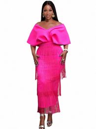 plus Size Tassel Dres for Women 2023 V Neck Off Shoulder Fringe Occassi Event Birthday Wedding Guest African Prom Ladies D0jI#