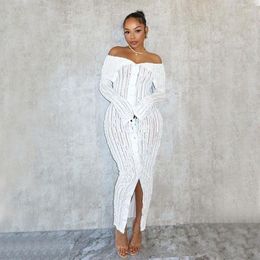 Casual Dresses Womens Long Sleeve Slash Neck Off Shoulder Ruffle Wave Maxi Dress Nightclub Outfits Elegant Gowns Female Clothing