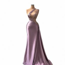 purple One Shoulder Evening Dres Women's Mermaid Chest Waist Seen Through Sexy Party Gowns Beaded Pleats Satin Floor Skirts N3ex#