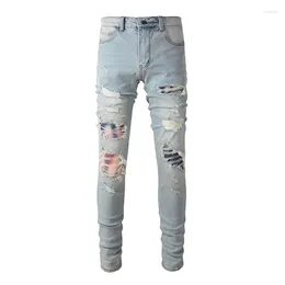 Men's Jeans US Drips Blue Streetwear High Stretch Distressed Colourful Patches Holes Moustache Slim Fit Ripped Men